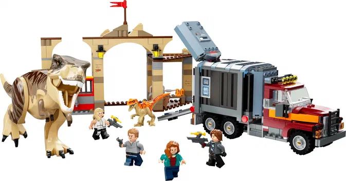 Ensemble de construction LEGO Jurassic World avec un T-Rex, des dinosaures plus petits et une camionnette grise.