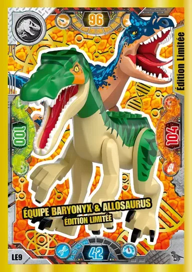 Carte de collection LEGO Jurassic World montrant l'équipe Baryonyx & Allosaurus édition limitée