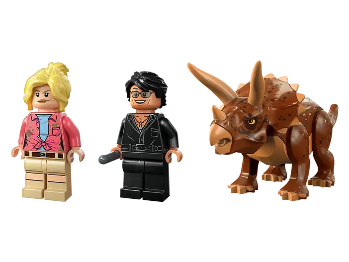 Minifigurines LEGO de Sattler et Malcom avec un Triceratops.