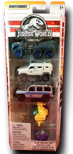 Packaging Matchbox Jurassic World contenant cinq véhicules : un Textron Tiger, une Mercedes-Benz G 550, un Gyrosphere, une Deep-Dive Submarine et un véhicule de transport.