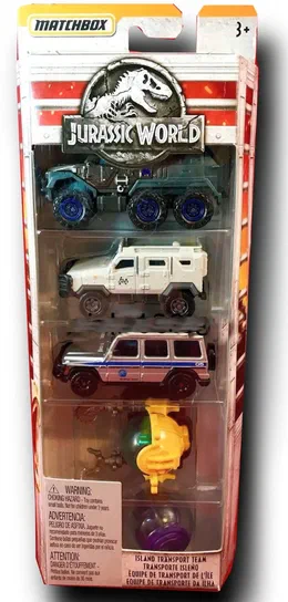 Packaging Matchbox Jurassic World contenant cinq véhicules : un Textron Tiger, une Mercedes-Benz G 550, un Gyrosphere, une Deep-Dive Submarine et un véhicule de transport.