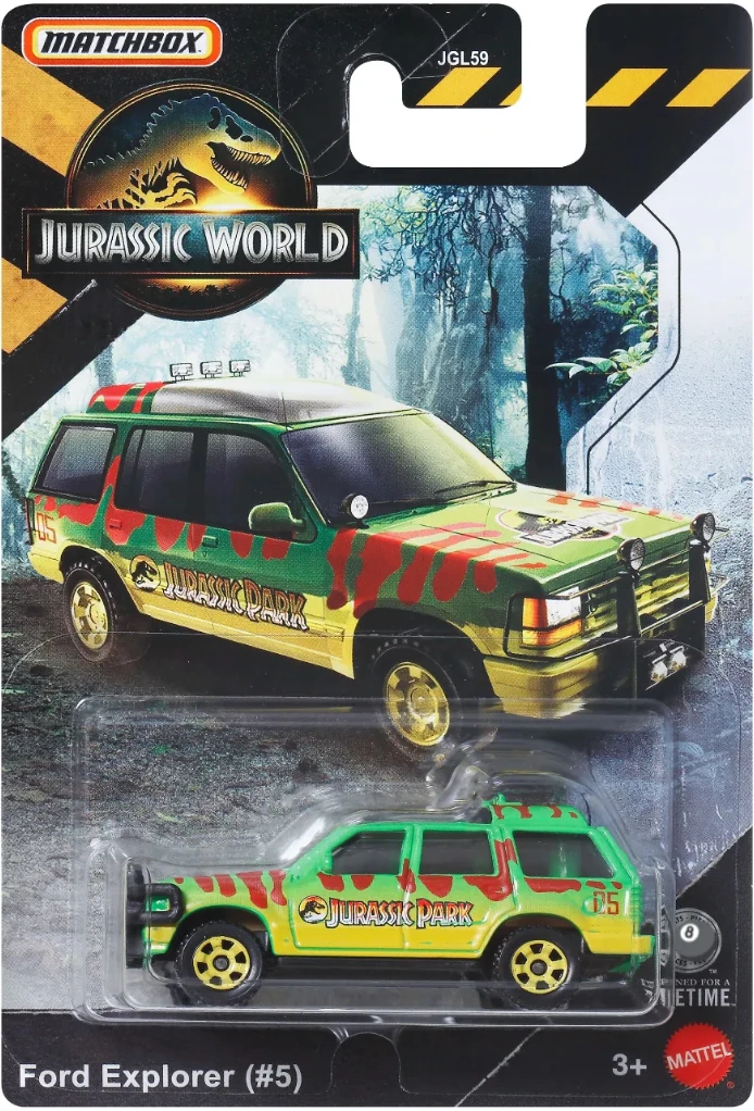 Ford Explorer vert et jaune de Jurassic World dans son emballage Matchbox