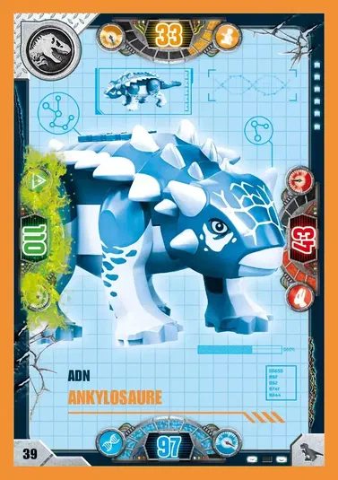 Carte de collection LEGO Jurassic World présentant un Ankylosaure bleu et blanc avec des statistiques numériques.