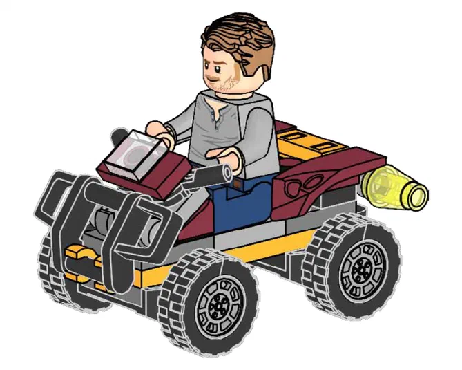 Minifigurine Owen assis sur un quad LEGO rouge et jaune avec des pneus noirs.