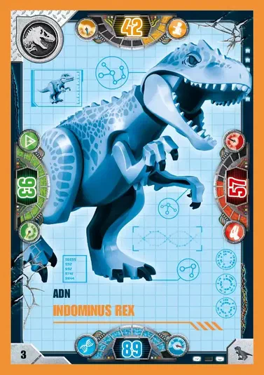 Carte de collection LEGO Jurassic World présentant le dinosaure Indominus rex avec des statistiques et un code ADN.