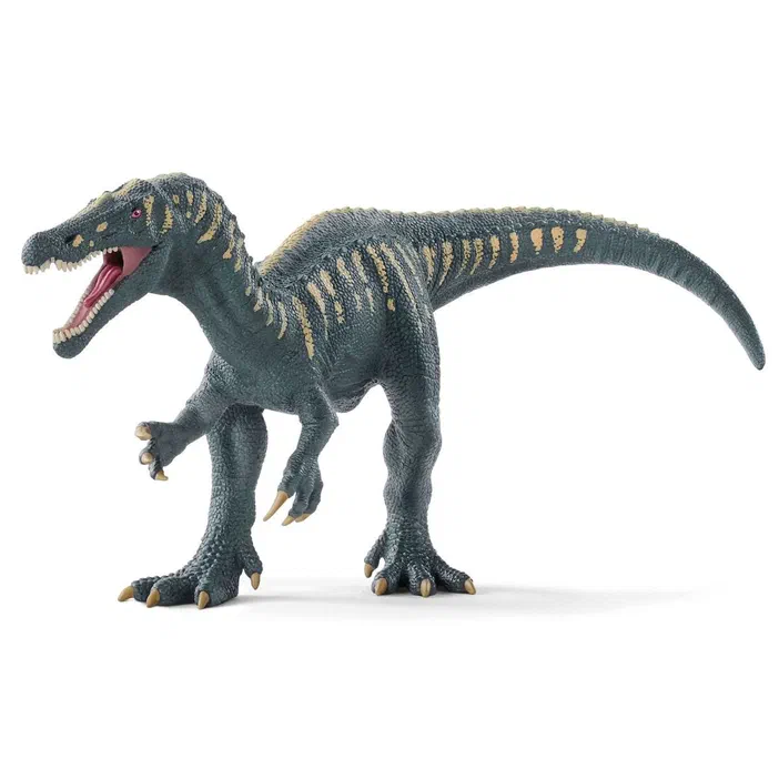 Figurine de dinosaure Schleich gris avec des marques jaunes, la gueule ouverte sur fond blanc.