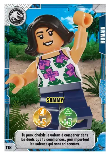 Carte de collection LEGO Jurassic World présentant le personnage Sammy avec des statistiques +5 et un texte en français.