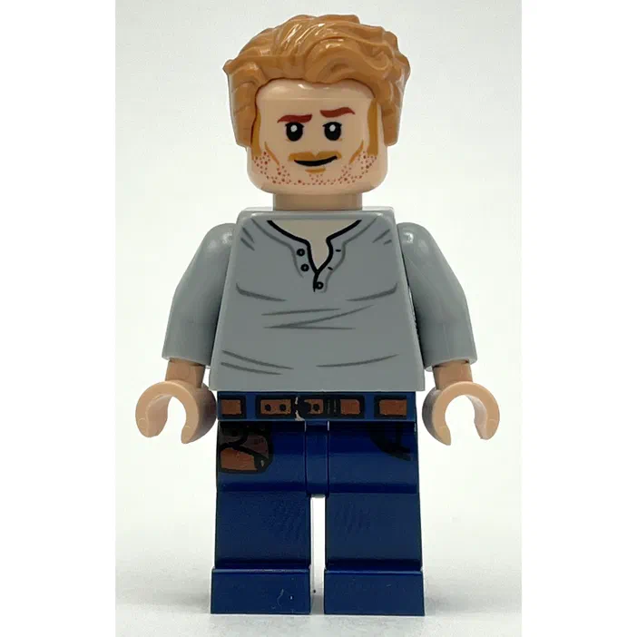 Minifigurine LEGO Owen Grady en chemise gris clair et jean bleu.