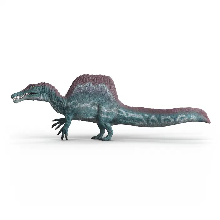 Modèle de dinosaure Spinosaurus en plastique avec une crête dorsale rose et un corps bleu-vert sur fond blanc.
