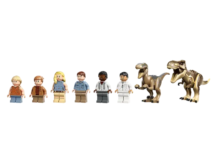 Ensemble de figurines LEGO Jurassic World incluant des personnages humains et deux dinosaures.