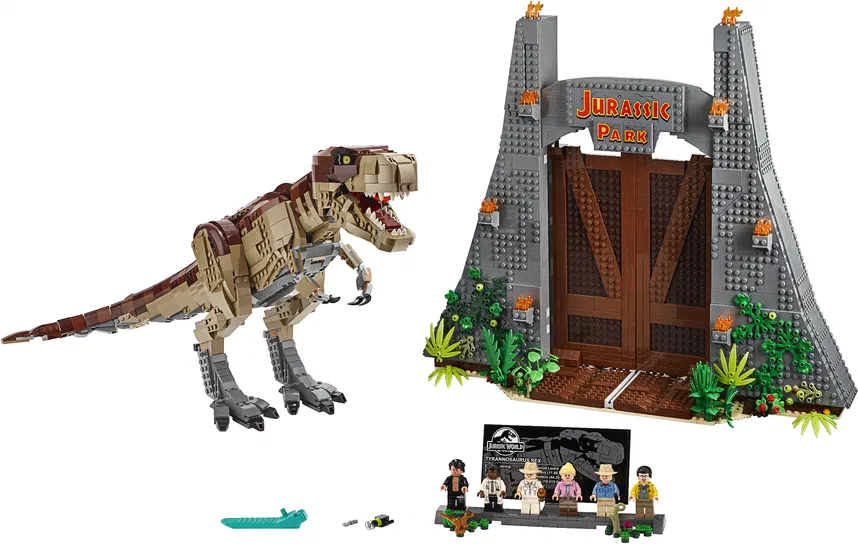 Ensemble de construction LEGO Jurassic Park : T. rex Rampage (référence 75936) avec le dinosaure, la porte d'entrée et les figurines.