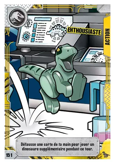 Carte de collection LEGO Jurassic World : une dinosaure verte saute dans un laboratoire avec le titre 'Enthousiaste'.