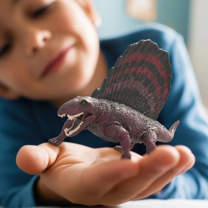 Un enfant tient dans sa paume un jouet représentant un Dimetrodon, une créature préhistorique avec des nageoires dorsales rouges et violettes.