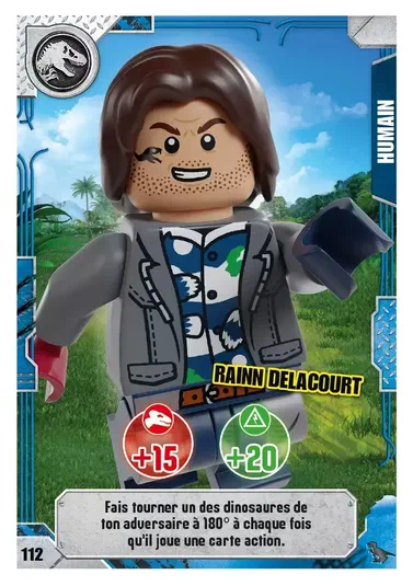 Carte de collection LEGO Jurassic World représentant le personnage Rainn Delacourt avec ses statistiques et son effet de jeu.